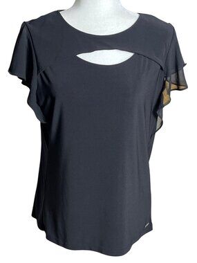 Calvin Klein Flutter Chiffon Sleeve Top Black Peekaboo Whimsigoth Casual Women M